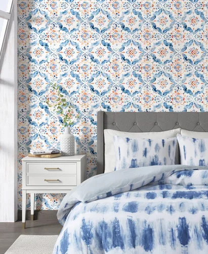 Miniatura 5 de HAOKHOME Papel tapiz geométrico para despegar y pegar, diseño de damasco floral azul/blanco/rojo, papel de pared extraíble, decoración moderna