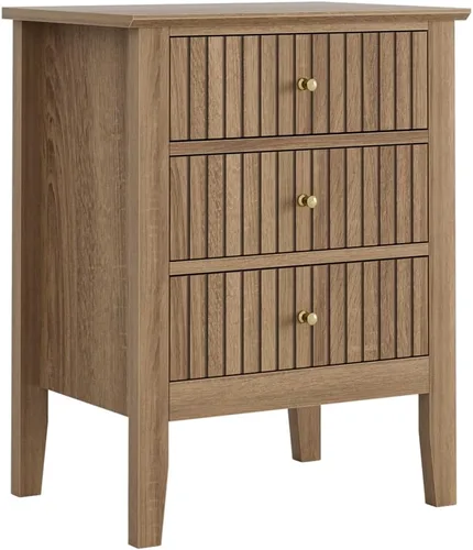 Miniatura 9 de Mesita de noche acanalada, mesa auxiliar de granja con 3 cajones, mesa auxiliar de acento lateral estilo Mid Century Modern, mesita de noche