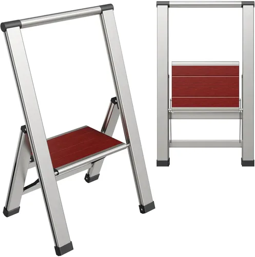 Miniatura 13 de Escalera plegable de 1 escalón, decorativa, hermosa caoba y aluminio negro, perfil ultra delgado, peldaños antideslizantes, resistente y portátil