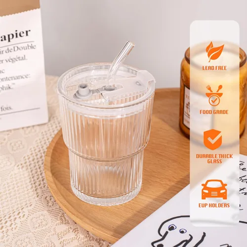 Miniatura 3 de Vaso de vidrio de 13 oz/13.5 fl oz con popote y tapa, tazas verticales acanaladas para café helado, vaso de pared gruesa, vaso de agua