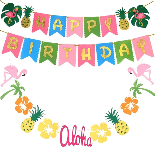 Decoración de fiesta hawaiana | Suministros de fiesta Luau | Banner tropical hawaiano, guirnalda de flamencos para suministros de cumpleaños de
