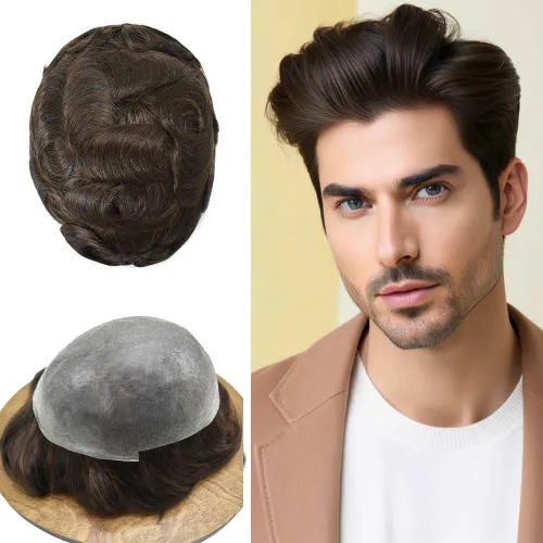Miniatura 59 de Tupé para hombre, extensiones de cabello humano Remy para hombre, piel fina, 0.002 in, sistema de reemplazo de cabello con bucle en V para hombres