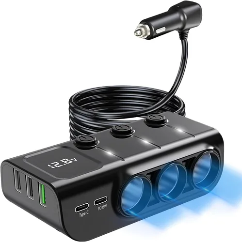 LIHAN Divisor de encendedor de cigarrillos para automóvil, adaptador de 3 enchufes de 8 en 1,120 W y 5 USB con interruptor de alimentación maestro,