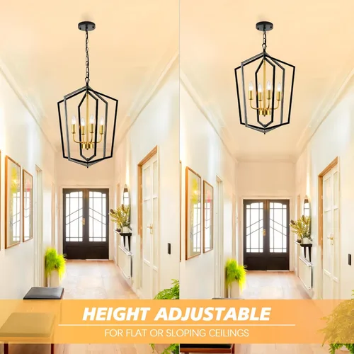 Miniatura 7 de WJShome 46 cm de diámetro Candelabro negro y dorado, lámpara de comedor estilo granja de 4 luces, lámparas modernas de vestíbulo, lámpara colgante