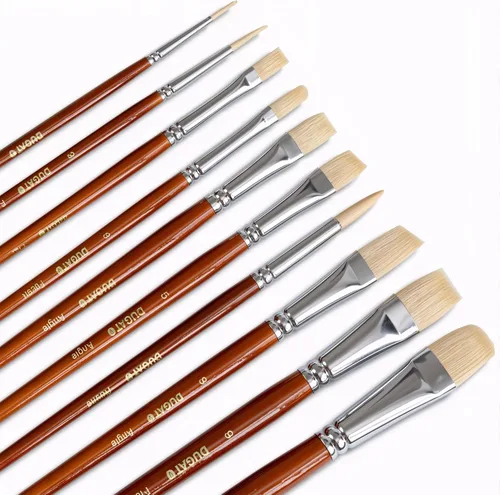 DUGATO - Juego de 10 pinceles de pintura para artistas de pelo de cerdo blanco de mango corto, perfecto para acrílico, óleo, gouache, acuarela, kit