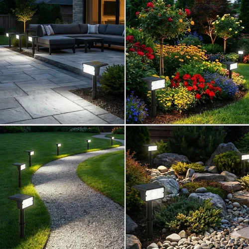 Miniatura 2 de T-SUN Focos solares para exteriores, paquete de 4 unidades, 49 LED, 2 modos de iluminación, IP65 impermeables para paisaje, luces LED de atardecer a