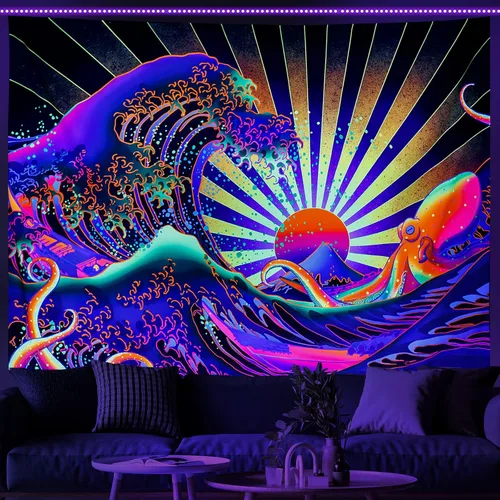 Miniatura 9 de Tapiz de Hongos con Luz Negra Reactivo a UV, Tapiz de Paisaje de Bosque Brumoso, Fantasía de Hadas en País de las Maravillas con Mariposas