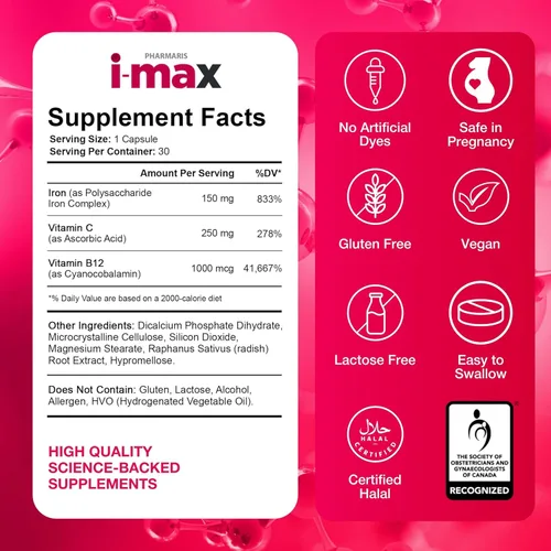 Miniatura 9 de Pharmaris i-max Suplemento de hierro de 150 mg, vitamina C 250 mg y B12 1000 mcg, suplemento de hierro para mujeres y hombres, sin tintes