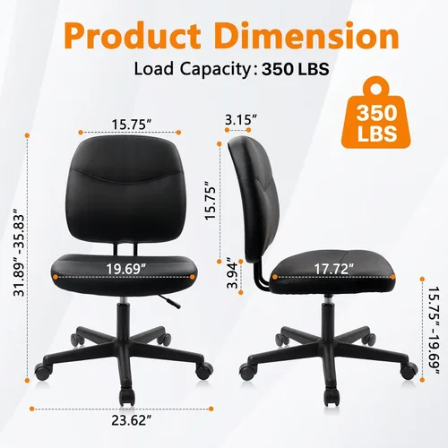 Miniatura 3 de CLATINA Silla de oficina en casa sin brazos, pequeña silla ergonómica de piel sintética con respaldo bajo con soporte lumbar y ruedas, altura