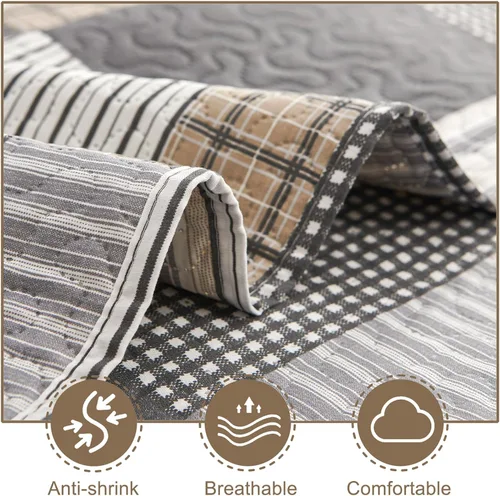 Miniatura 4 de Juego de ropa de cama a cuadros marrón y negro, 3 piezas, tamaño queen, colcha con estampado de parches a cuadros, cubrecama reversible, decoración