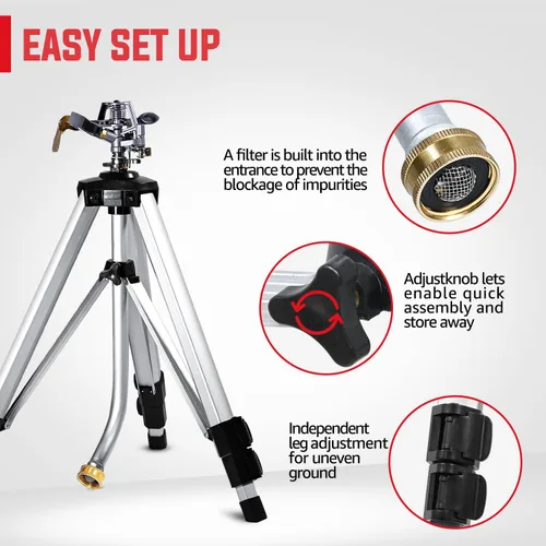 Miniatura 6 de YAMATIC Aspersor de impacto en base de trípode ajustable, área grande de 360 grados, rociador pulsador ajustable resistente para riego de césped