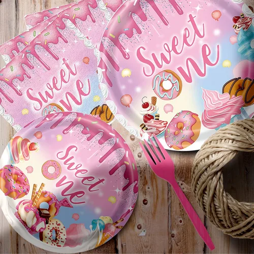 Miniatura 5 de Decoraciones de primer cumpleaños para niña, suministros de fiesta de cumpleaños con temática de donas Sweet One Grow Up - 96 piezas, sirve 24
