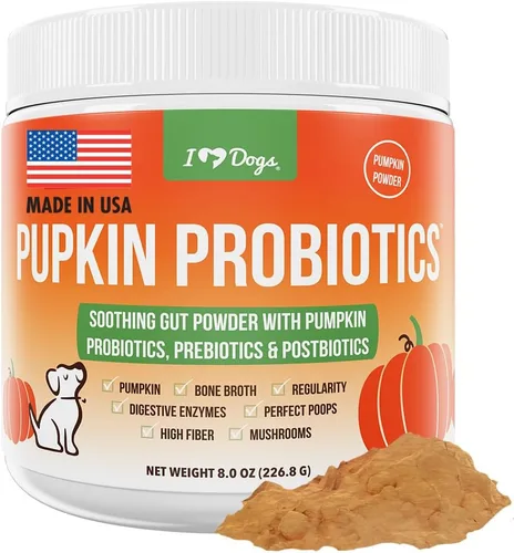 iHeartDogs Pupkin Probióticos, prebióticos y postbióticos para perros con calabaza, caldo de huesos calmante intestinal y hongos - 30 cucharadas