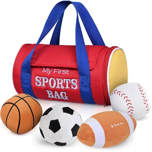 KMUYSL Juguetes para bebés de 0 a 12 meses, mi primer bolso deportivo de peluche - 4 bolas sensoriales de juguetes suaves con crujido, sonajeros