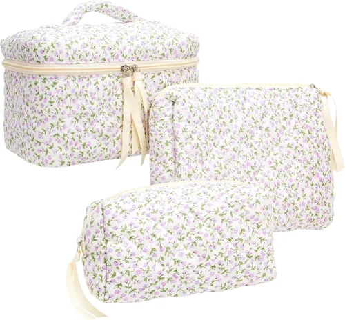 Miniatura 46 de PAZIMIIK - Bolsa de maquillaje de algodón para mujer, grande, acolchada para viaje, Rosa (Bow Pink), Vintage