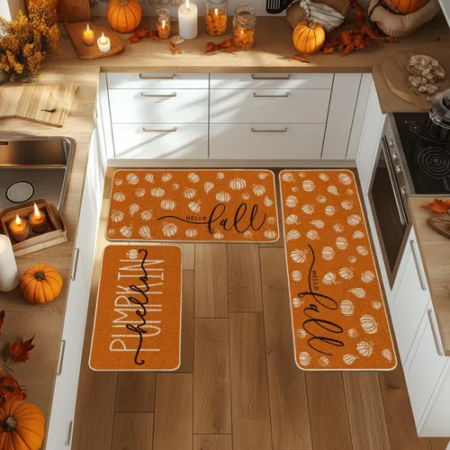 Miniatura 2 de Artoid Mode Juego de 3 tapetes de cocina naranja con texto en inglés "Hello Pumpkin", decoración otoñal para el hogar, alfombras de cocina de bajo
