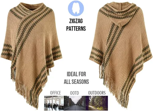 Miniatura 3 de Ferand Suéter poncho de punto con capucha y rayas en zigzag para mujer con flecos