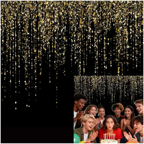 Miniatura 8 de Telón de fondo de lentejuelas Bokeh con purpurina negra y dorada de 6 x 6 pies, elegante decoración de fiesta de cumpleaños, boda, aniversario
