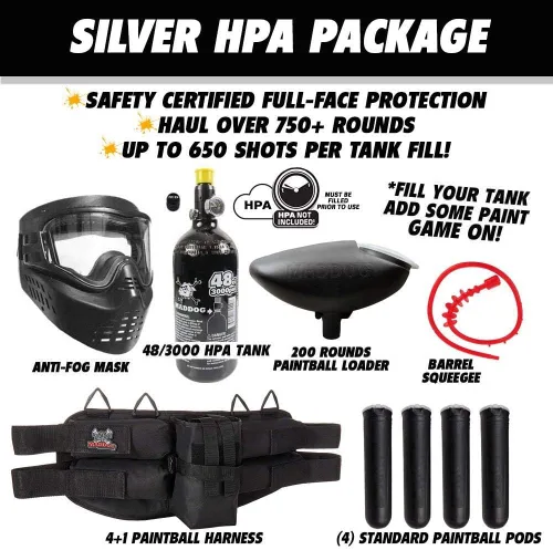 Miniatura 2 de Maddog JT Stealth Paintball Gun Marker and Accessory Starter Packages [HPA] Marker, 48ci/3000psi Compressed Air Tank, Mask, Hopper, Pods, Harness