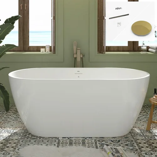 Miniatura 48 de FerdY 59" Bañera de acrílico independiente Bali Elite, bañera independiente de inmersión con forma elegante, certificada cUPC, desagüe negro Toe-Tap