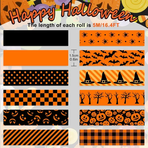 Miniatura 2 de Whaline 12 rollos de cinta Washi de Halloween, naranja y negro, calabaza, araña, murciélago, bruja, sombrero de bruja, cinta adhesiva de 0.591 in