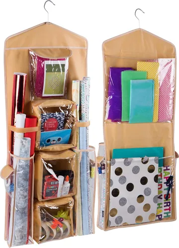 Bolsa de regalo colgante de doble cara y organizador de papel de regalo (beige)