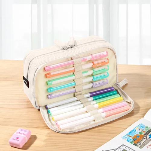 Miniatura 6 de Sooez Estuche de Lápices de Gran Capacidad con Funda para Bolígrafos, Bolsa de Lápiz de Corduroy Suave con 3 Compartimentos, Múltiples Bolsillos