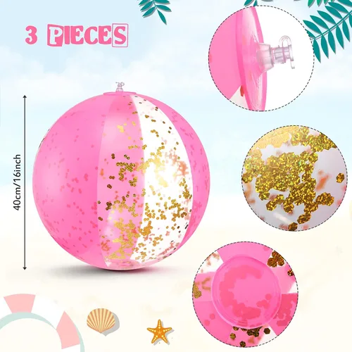 Miniatura 2 de BBTO Pelota de playa inflable con purpurina de 16 pulgadas, bolas de confeti para piscina, bolas de playa rosas para adultos, niños y niñas