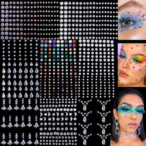 Miniatura 9 de 6 hojas de joyas para la cara, gemas para la cara, diamantes de imitación autoadhesivos para maquillaje, accesorios para disfraces de festivales
