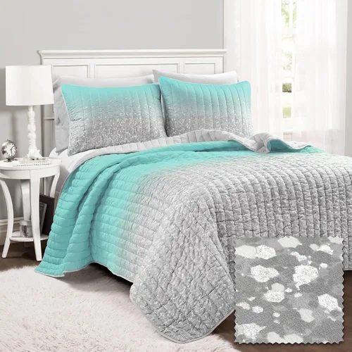 Miniatura 10 de Lush Decor Juego de edredón de 3 piezas con estampado metálico degradado con purpurina, individual, aguamarina y gris