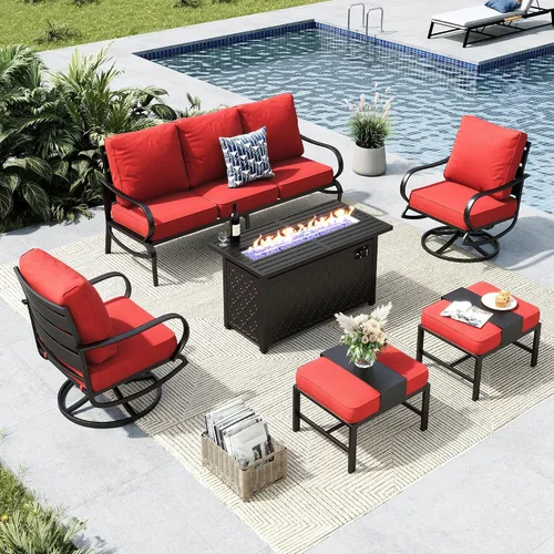 Miniatura 11 de MFSTUDIO Juego de 4 piezas de conversación para patio, marco de metal para todo tipo de clima, muebles de exterior con 1 mesa rectangular de propano