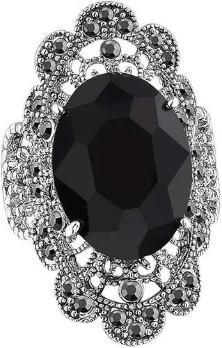 Mytys Retro Vintage Cocktail Statement Ring Black Marcasite & Crystal Rings for Women Girls Antique Silver Big Black Onyx Stone Ring