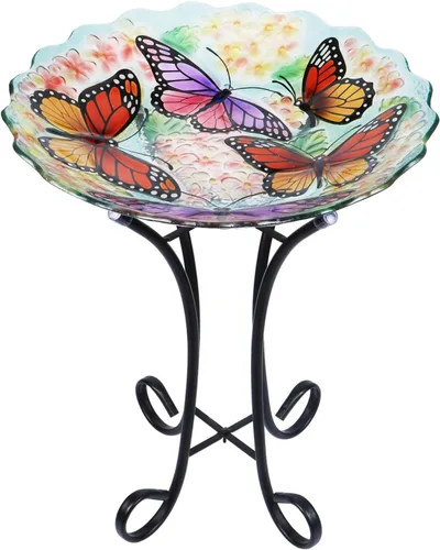 Miniatura 9 de Baño de pájaros de vidrio al aire libre con soporte de metal para decoración de césped, jardín y patio, solar, grande, baño de pájaros pavo real