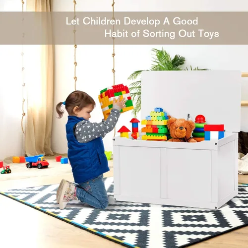 Miniatura 2 de Costzon Caja de juguetes de madera para niños, baúl y banco de almacenamiento para niños con tapa abatible, bisagras, organizador de almacenamiento