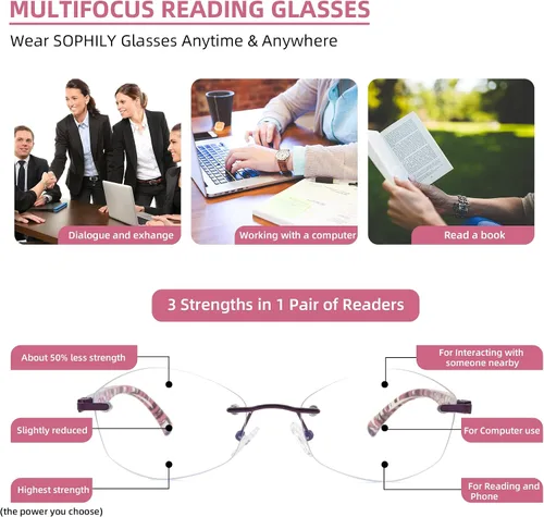 Miniatura 3 de Gafas de lectura progresivas multienfoque para mujer, multifocal, sin marco, para mujer, con bloqueo de luz azul trifocal