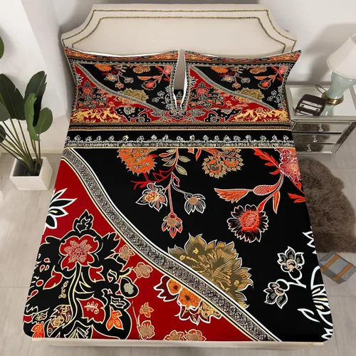 Miniatura 43 de Sábanas de cama góticas de damasco para adultos, sábana bajera ajustable victoriana antigua, sábanas góticas florales vintage, juego de ropa de cama