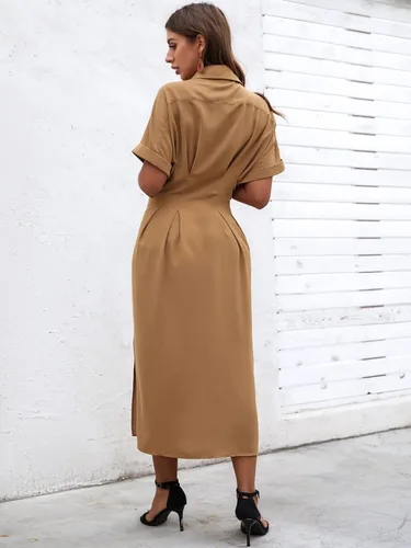 Miniatura 2 de MakeMeChic Vestido largo y fluido para mujer con cuello de murciélago, con abertura frontal, con botones