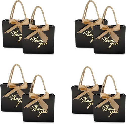 TKSBAG Paquete de 50 pequeñas bolsas de regalo de agradecimiento con asas de 5.5 x 2.3 x 4.7 pulgadas, mini bolsas de regalo negras a granel para