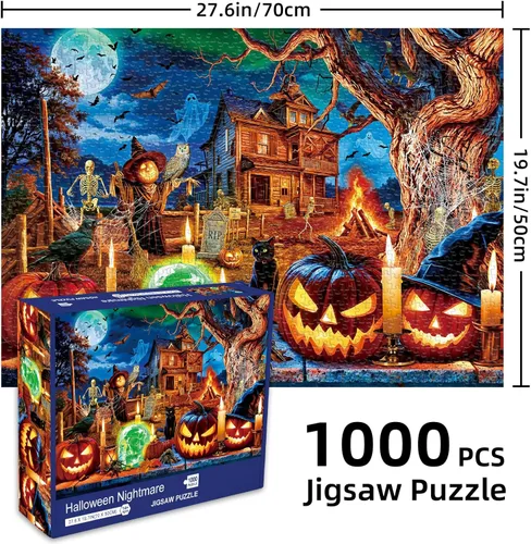 Miniatura 5 de Sutinban Rompecabezas de Halloween de 1000 piezas para adultos, calavera de terror, cabeza de calabaza, rompecabezas de casa encantada de Halloween