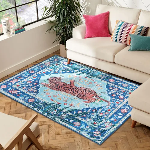 Miniatura 29 de Alfombra de leopardo de 2 x 3 pies para sala de estar, alfombra estética vintage de animales para habitación de niñas, guardería, dormitorio, Azul