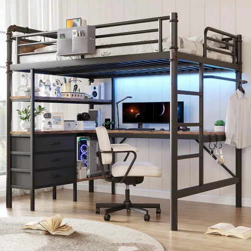 Miniatura 9 de Cama tipo loft de tamaño individual con escritorio en forma de L, luces LED, estación de carga, marco de cama de metal industrial resistente con 3