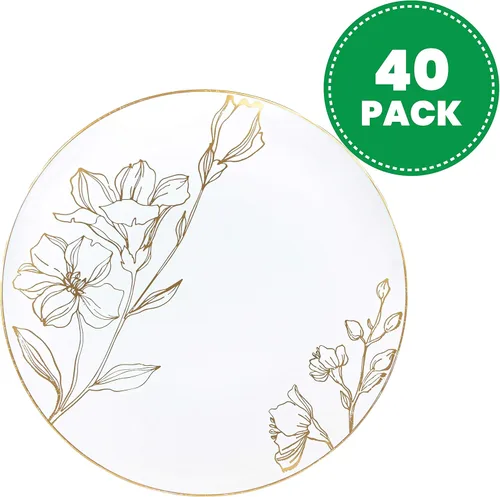 Miniatura 2 de [Platos de 9 pulgadas, 40 unidades] Platos de cena de fiesta de plástico blanco con diseño floral y borde dorado, vajilla desechable elegante