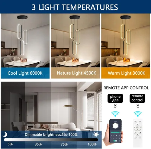 Miniatura 3 de Lámpara de Araña de Anillo Moderna LED Regulable Luz de Techo para Isla de Cocina Sala de Estar Escaleras Comedor Negro