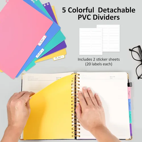 Miniatura 5 de Cuaderno de espiral con tapa dura, cuadernos B5 grandes de 8"x10", con divisores extraíbles y pestañas, 300 páginas, cuaderno de 5 asignaturas