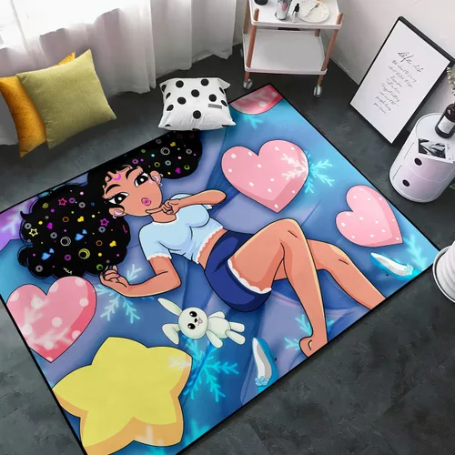 Alfombra de área para dormitorio de niñas negras africanas, alfombra para sala de estar, sala de juegos, azul, lindo anime de dibujos animados con