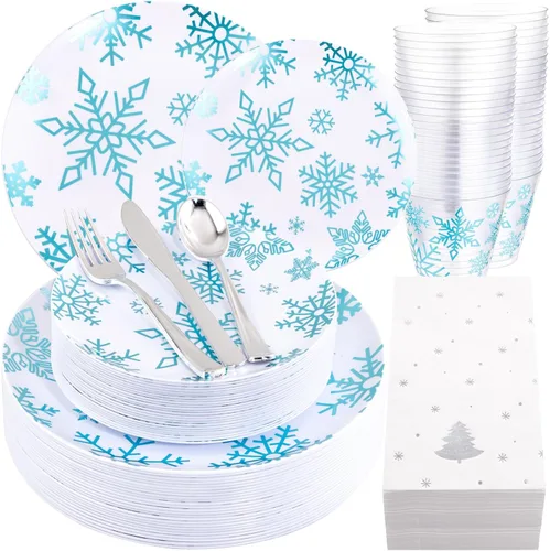 WDF Juego de 175 piezas de platos y servilletas navideños desechables para 25 invitados, platos blancos y azules con cubiertos, vasos con copos de