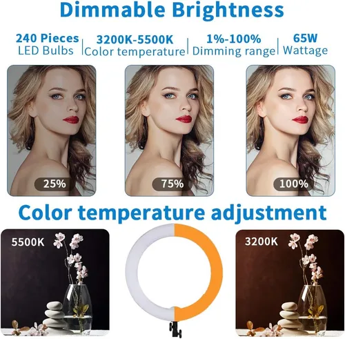 Miniatura 2 de Anillo de maquillaje LED de 18 pulgadas y 65 W con espejo para tatuaje de cejas, lámpara de pestañas, luz de belleza, lámpara de extensión