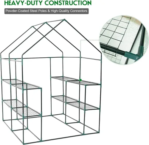 Miniatura 7 de Happygrill Invernadero para caminar, invernadero potable con puerta enrollable con cremallera, cubierta de polietileno y 3 niveles, 12 estantes