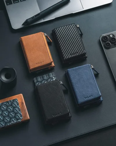 Miniatura 6 de VULKIT Tarjetero de crédito con bolsillo de cuero con cremallera desplegable con bloqueo RFID, funda de metal delgada, marino