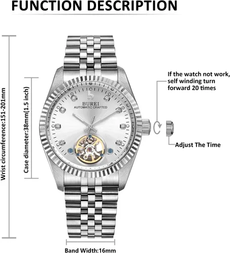 Miniatura 2 de BUREI Reloj automático de lujo para hombre, resistente al agua, reloj mecánico, correa ajustable de dos tonos de acero inoxidable